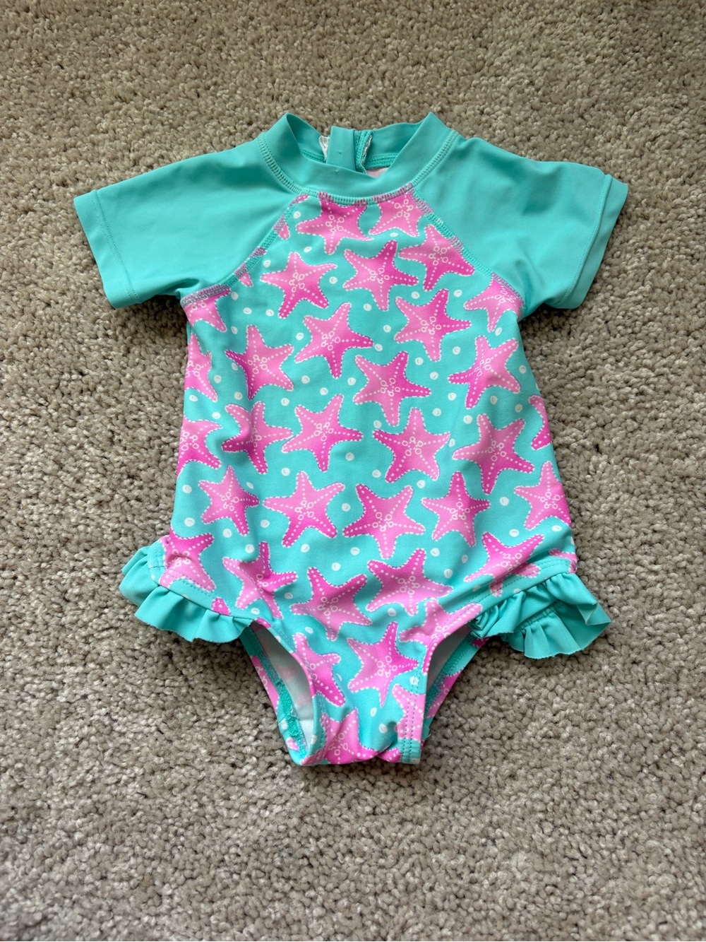 Floatimini Aqua and Pink Starfish Short-Sleeve Rashguard One-Piece